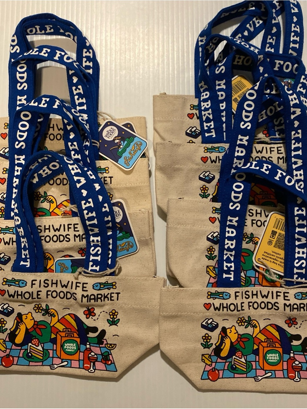 Lot of Eight (8) Fishwife x Whole Foods Micro Tote Bag with Blue Straps NEW
